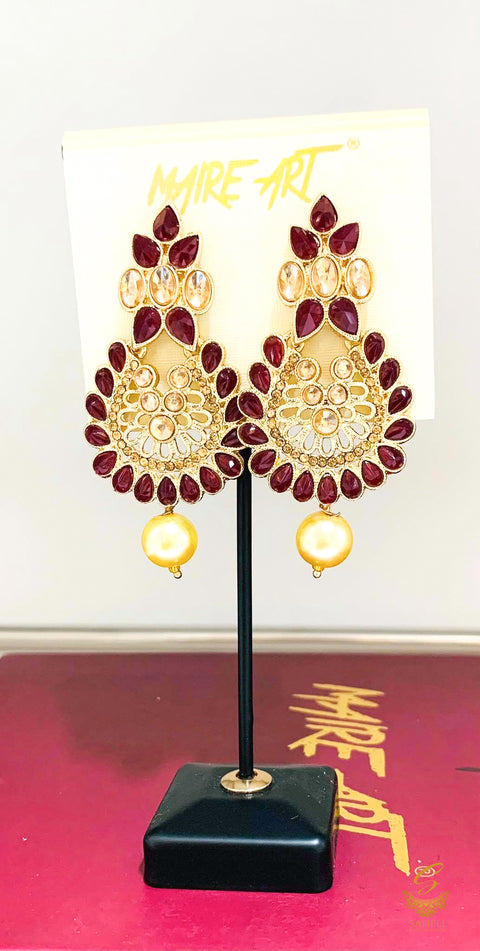 Dark Maroon Colour Stone And Pearls Beautiful Earrings