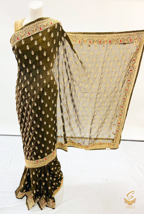 Dark brown colour chinnon based all over embroidered beautiful saree