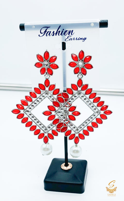Red colour stone with pearl beautiful silver earring