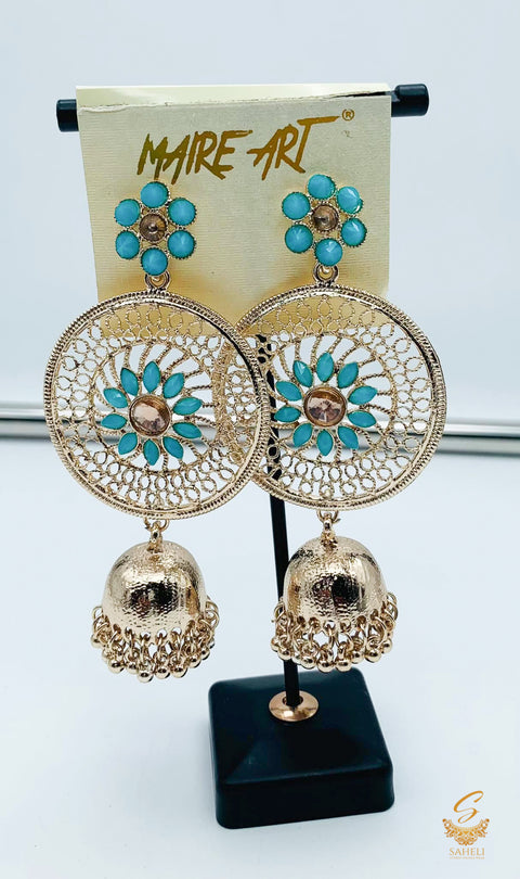 pastel skyblue Stone And Pearls Beautiful jhumka  Earrings