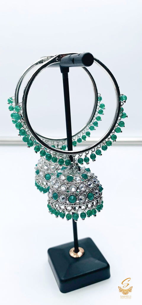 green pearls with Silver original polki stone beautiful jhumka balian