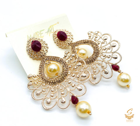 Maroon colour stone and pearls beautiful earrings