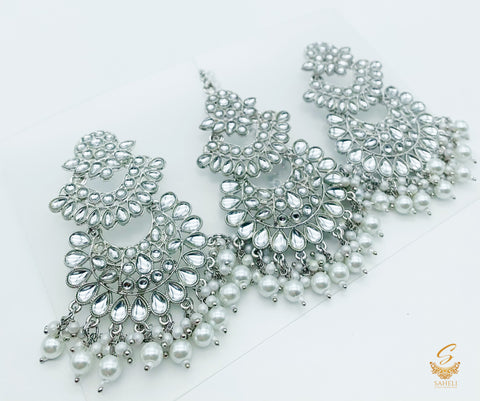 Silver stone with pearls beautiful earrings with tikka