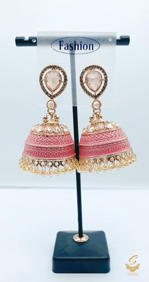 peachy pink  colour meenakari Work & pearls with orginal polki stone work jhumka
