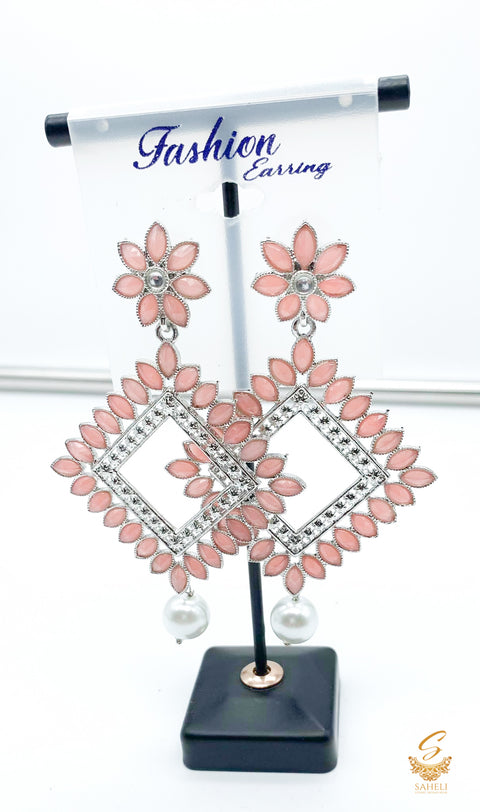 Pastel peach colour stone with pearl beautiful silver earring
