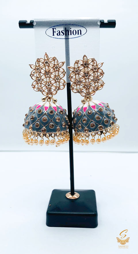 grey with pink colour meenakari Work & pearls with orginal polki stone work jhumka