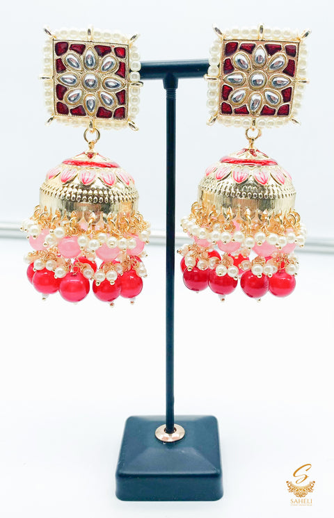 maroon colour pearls & gems stone & meenakari work with kundan beautiful jhumka