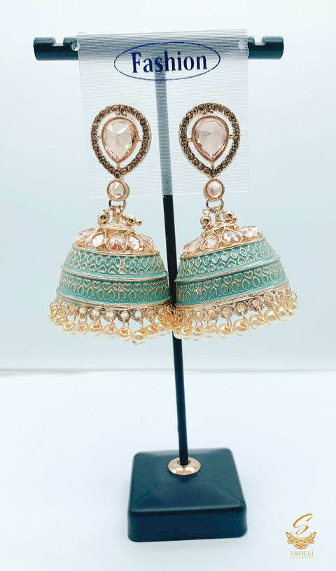 pastel mint colour meenakari Work & pearls with orginal polki stone work jhumka