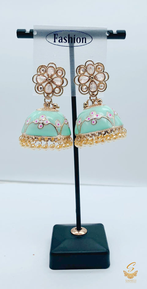 Pastel mint colour meenakari Work & pearls with orginal polki stone work jhumka