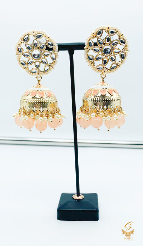 Rosegold colour gems & pearls with meenakari work kundan jhumka