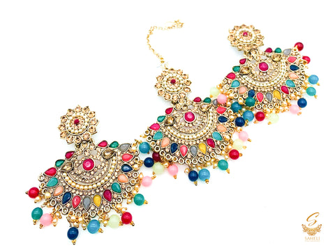 Multicoloured polki stone with pearls beautiful earrings with tikka set
