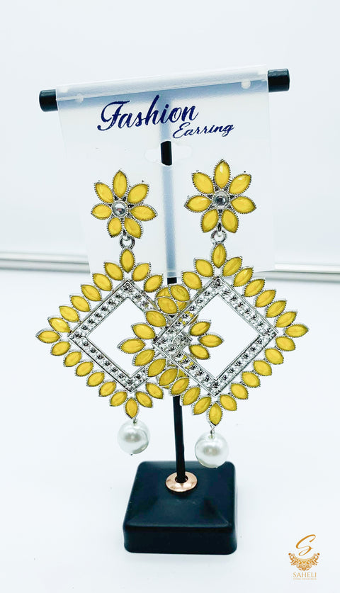 Yellow colour stone with pearl beautiful silver earring