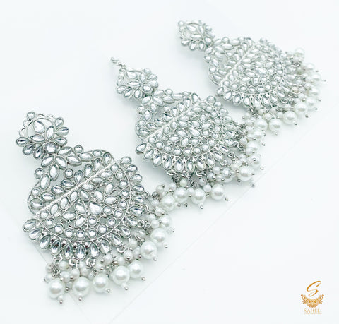 Silver stone with pearls earring with tikka set