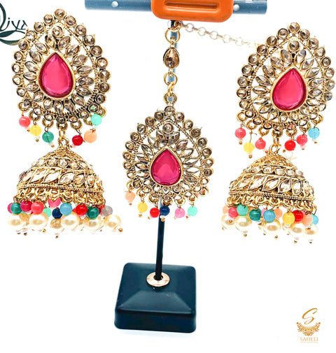 multicoloured and golden stone with pearls jhumka set with tikka