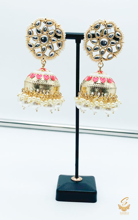 Hot pink colour gems & pearls with meenakari work kundan jhumka