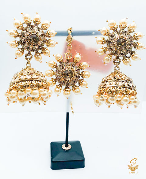 golden stone with pearls jhumka set with tikka