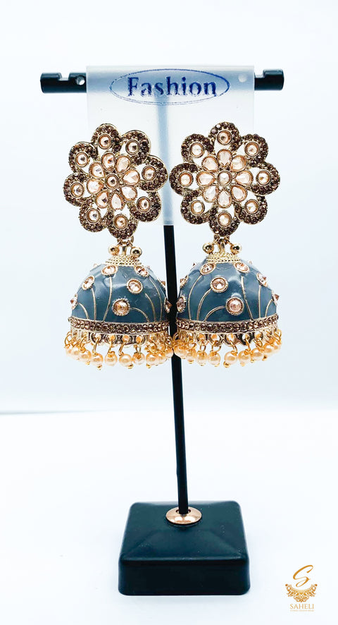 dark grey colour meenakari Work & pearls with orginal polki stone work jhumka