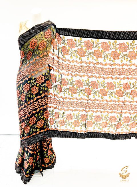 Black colour floral bracho fabric  saree with stone border