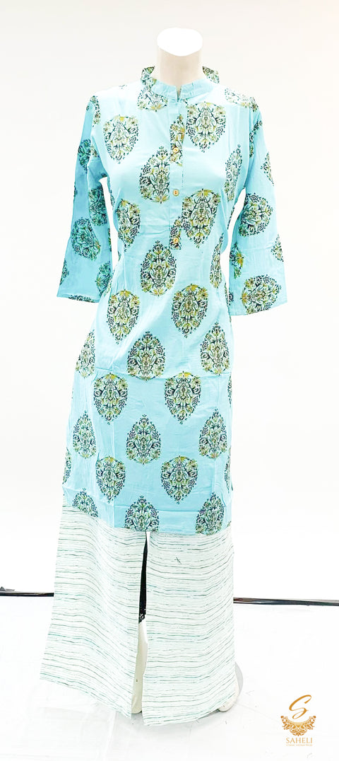 pastel skyblue colour rayon based print kurti with printed plazo