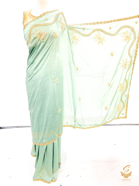 pastel mint Colour Handwork All Over On Soft silk Beautiful Saree