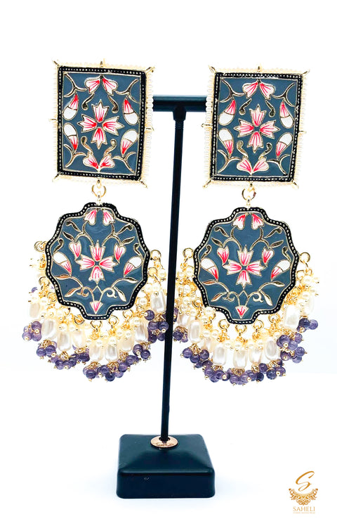 Dark grey  Colour Meenakari Work with  Pearls & Gems Stone Beautiful Jhumka
