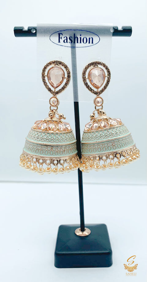 pastel seafoam colour meenakari Work & pearls with orginal polki stone work jhumka