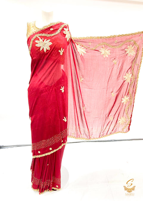 dark maroon  Colour Handwork All Over On Soft silk Beautiful Saree