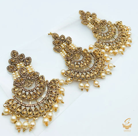 Golden stone with pearls earring with tikka set