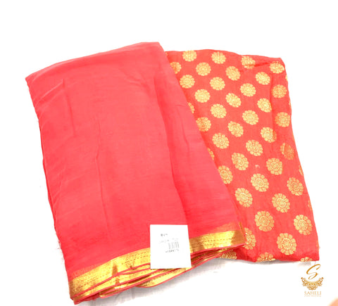 peachy pink colour plain chinnon saree with brocade blouse