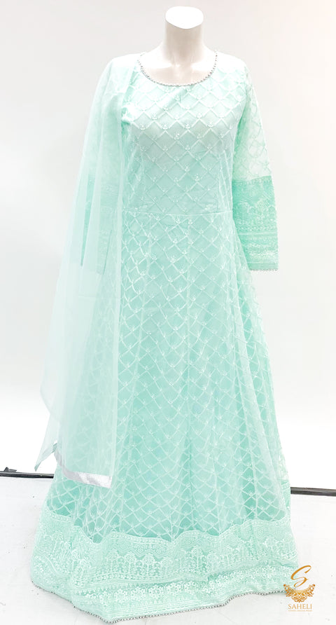 pastel seafoam colour netting based embroidery work all over beautiful heavy flared gown SIZE 38 (upto 42)