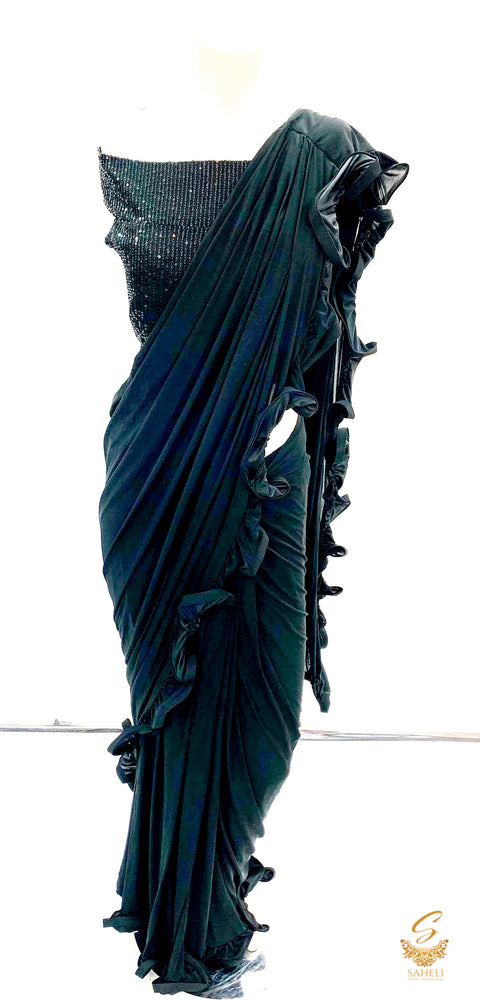 Black colour sequenced off shoulder designer blouse with readymade ruffle saree size 40