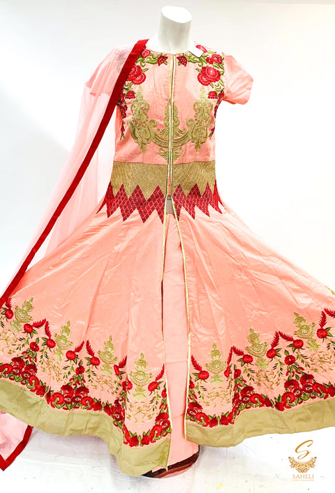 PAstel peachy pink colour silk  based heavy embroidery work all over with stone work heavy full flared  gown size 38