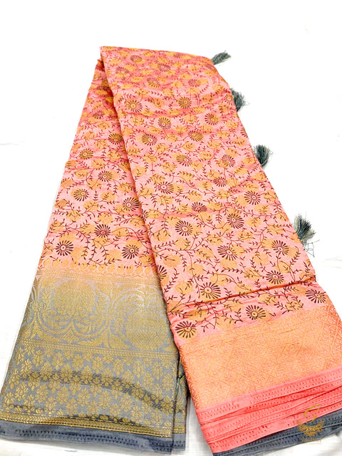 Pastel pink colour brocade soft silk saree with grey colour pallu design and border