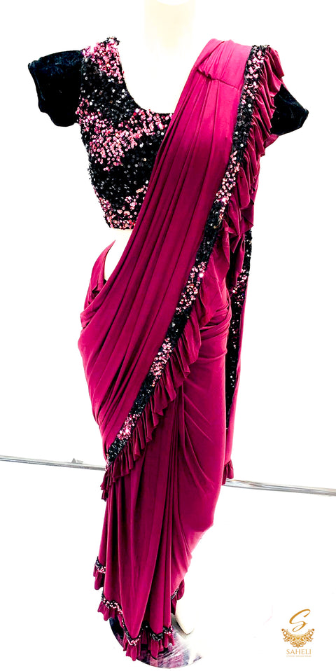 purple pink with black colour sequenced designer blouse with purple colour readymade ruffle saree size 38
