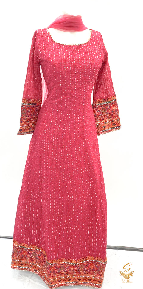 Dark ruby colour georgette based lakhnavi embroidery work all over beautiful heavy flared gown SIZE 40(upto 42)