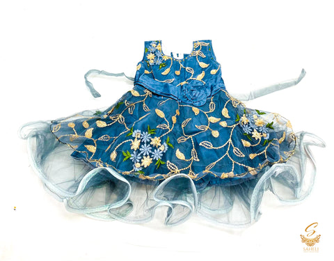 blue and grey colour  netting based beautiful kids frock