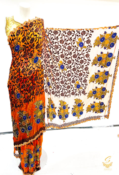 orange colour soft bracho multicoloured floral print pearl & sippy work beautiful saree