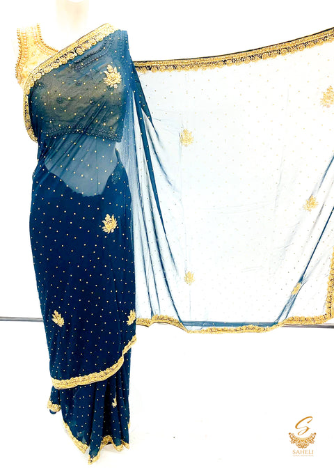peacock blue  colour handwork all over on soft georgette beautiful saree