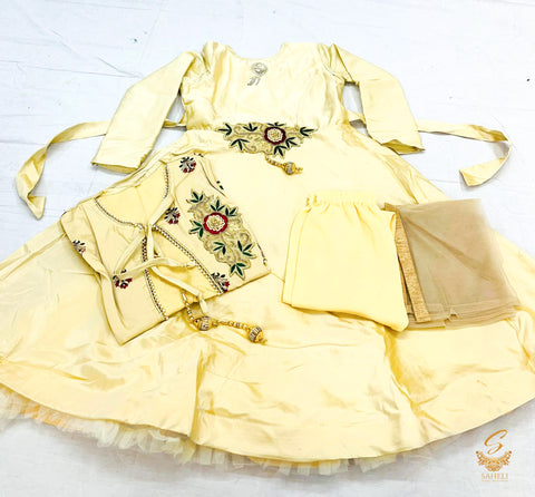 golden colour silk based jacket suit