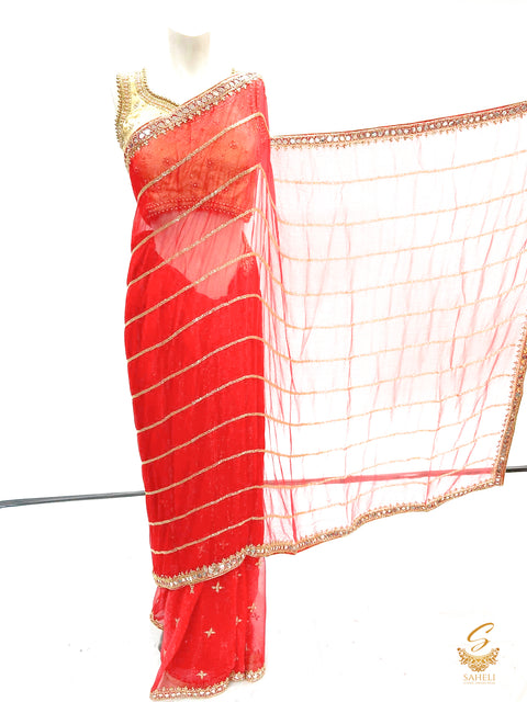 red colour handwork all over on soft faux shimmer georgette beautiful saree