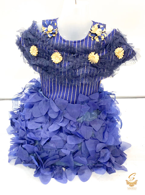 Nevi blue colour netting based beautiful kids gown
