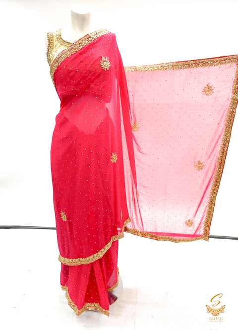 Hot pink colour handwork all over on soft georgette beautiful saree