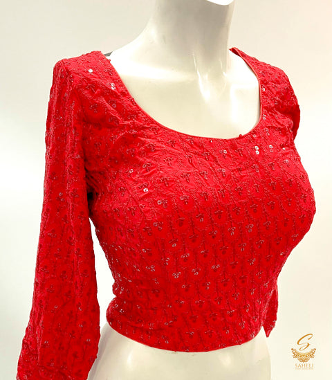 Red colour rayon based soft fabric with lakhnavi work with sequence design long sleeves blouse Size 40(upto 44)( Blouse L- 16 , Sleeves L- 16 Back neck deep- 9)