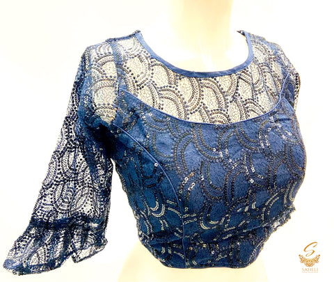 Nevi blue  colour soft embroidered netting With Sequence Design Long Sleeves Blouse Size 40(Upto 42)( Blouse L- 15inch , Sleeves L- 15.5 Back Neck Deep- 9)