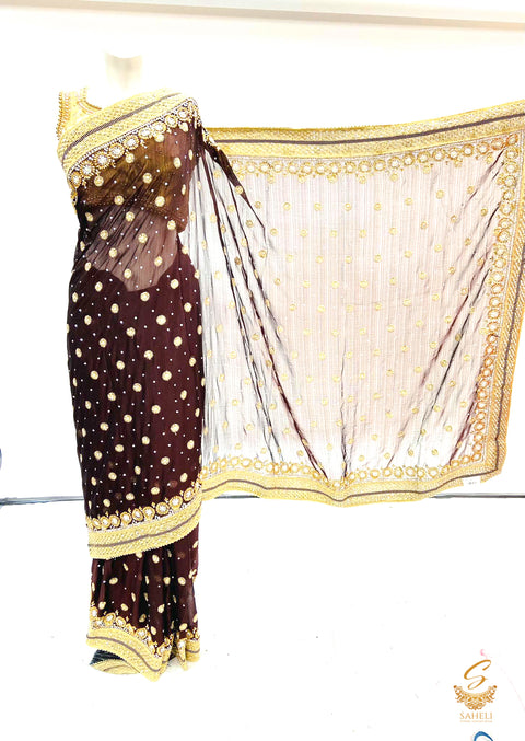 dark brown colour soft faux georgette based embroidery & handwork saree