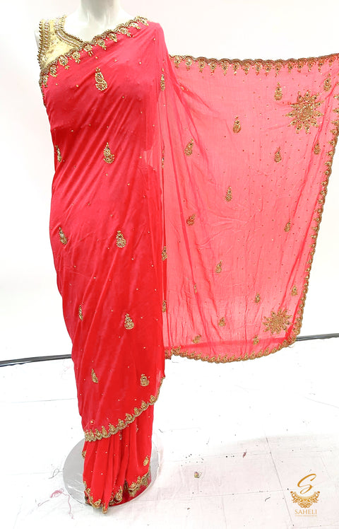 dark peachy pink Colour crape silk based beautiful designer saree with hand work