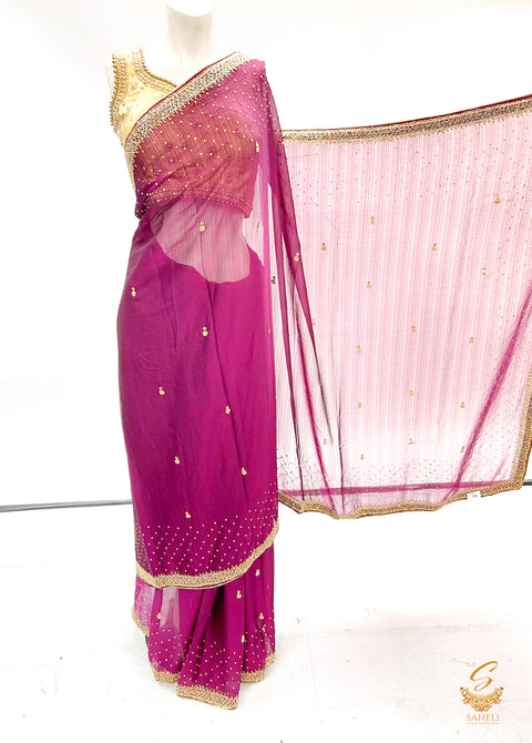 Purple Colour Handwork All Over On Soft Faux Shimmer Georgette Beautiful Saree