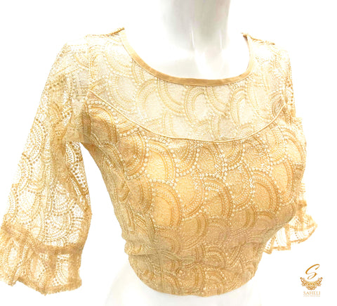 Golden Colour Soft Embroidered Netting With Sequence Design Long Sleeves Blouse Size 40(Upto 42)( Blouse L- 15inch , Sleeves L- 15.5 Back Neck Deep- 9)