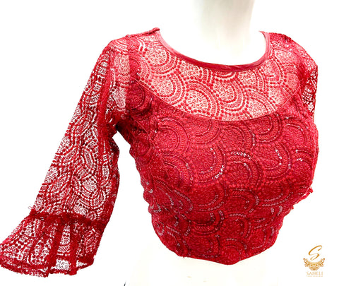 Dark MAroon colour soft embroidered netting With Sequence Design Long Sleeves Blouse Size 40(Upto 42)( Blouse L- 15inch , Sleeves L- 15.5 Back Neck Deep- 9)