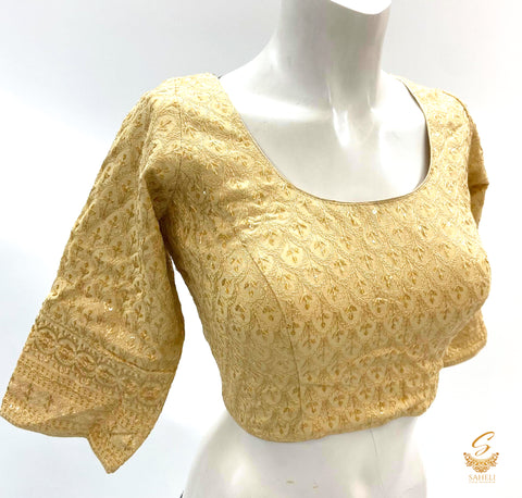 golden colour rayon based soft fabric with lakhnavi work with sequence design long sleeves blouse Size 40(upto 44)( Blouse L- 16 , Sleeves L- 16 Back neck deep- 9)